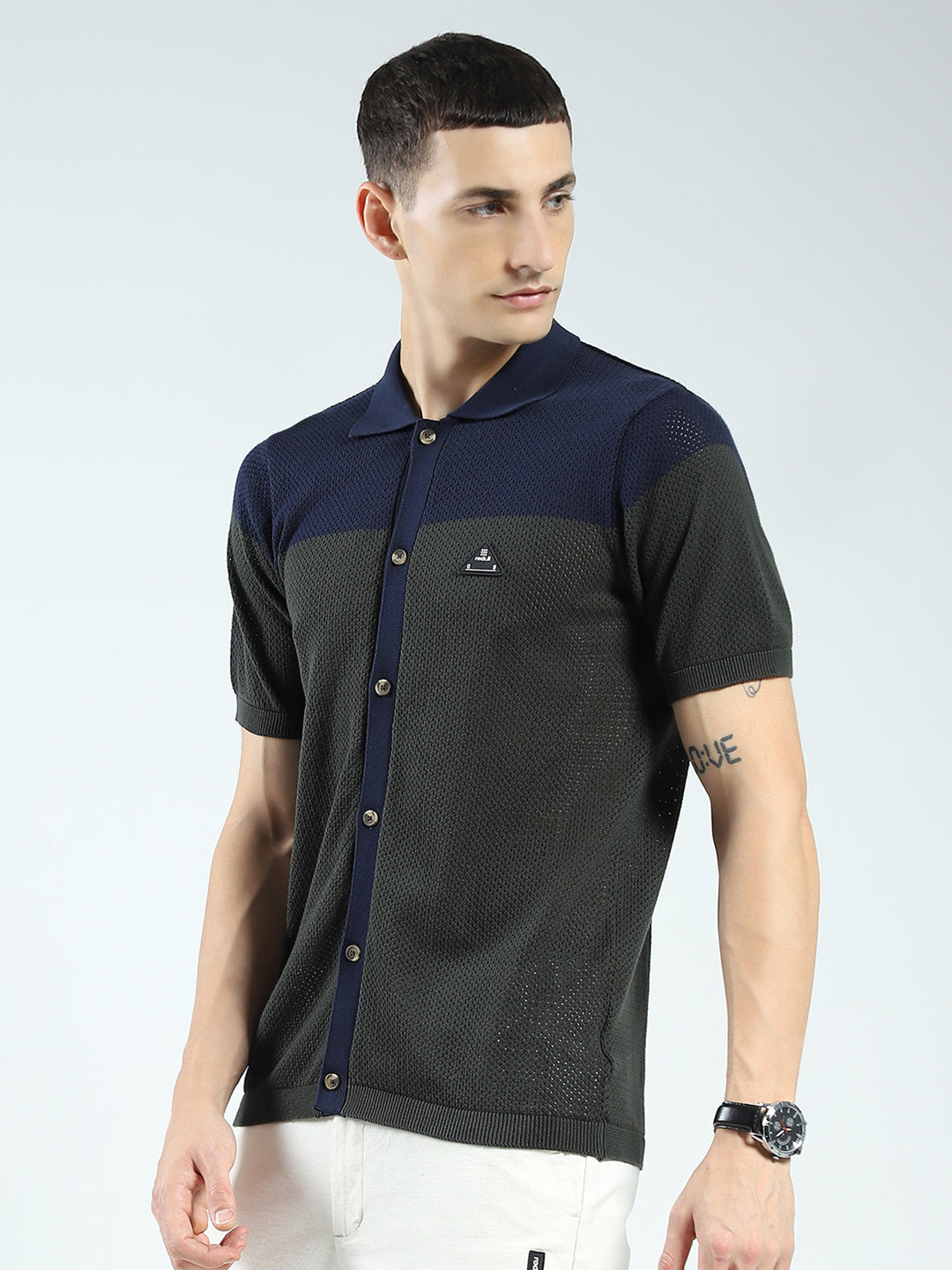 Rock.it Men Navy Blue Self Design Collar Half Sleeve Shirt