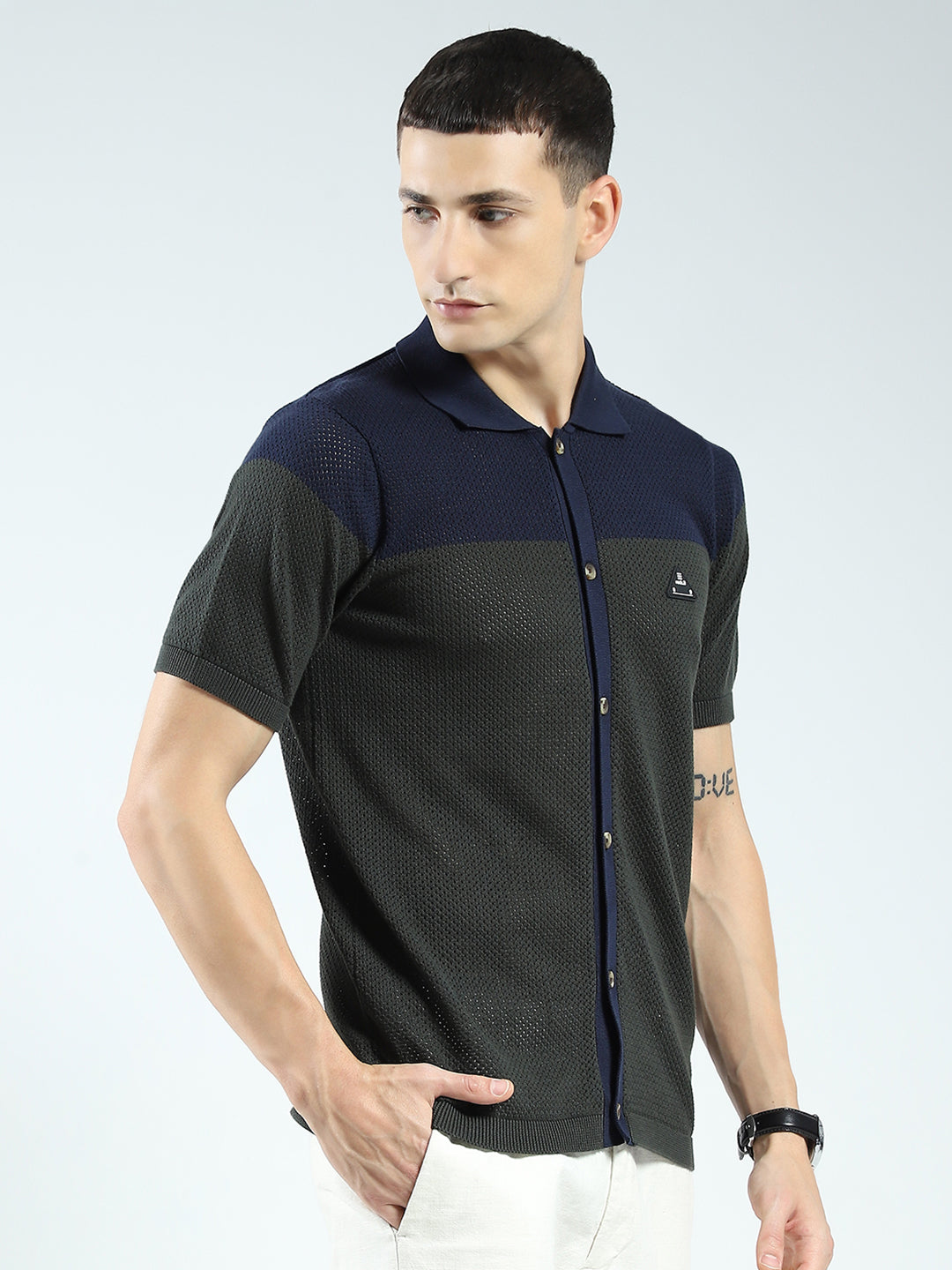 Rock.it Men Navy Blue Self Design Collar Half Sleeve Shirt
