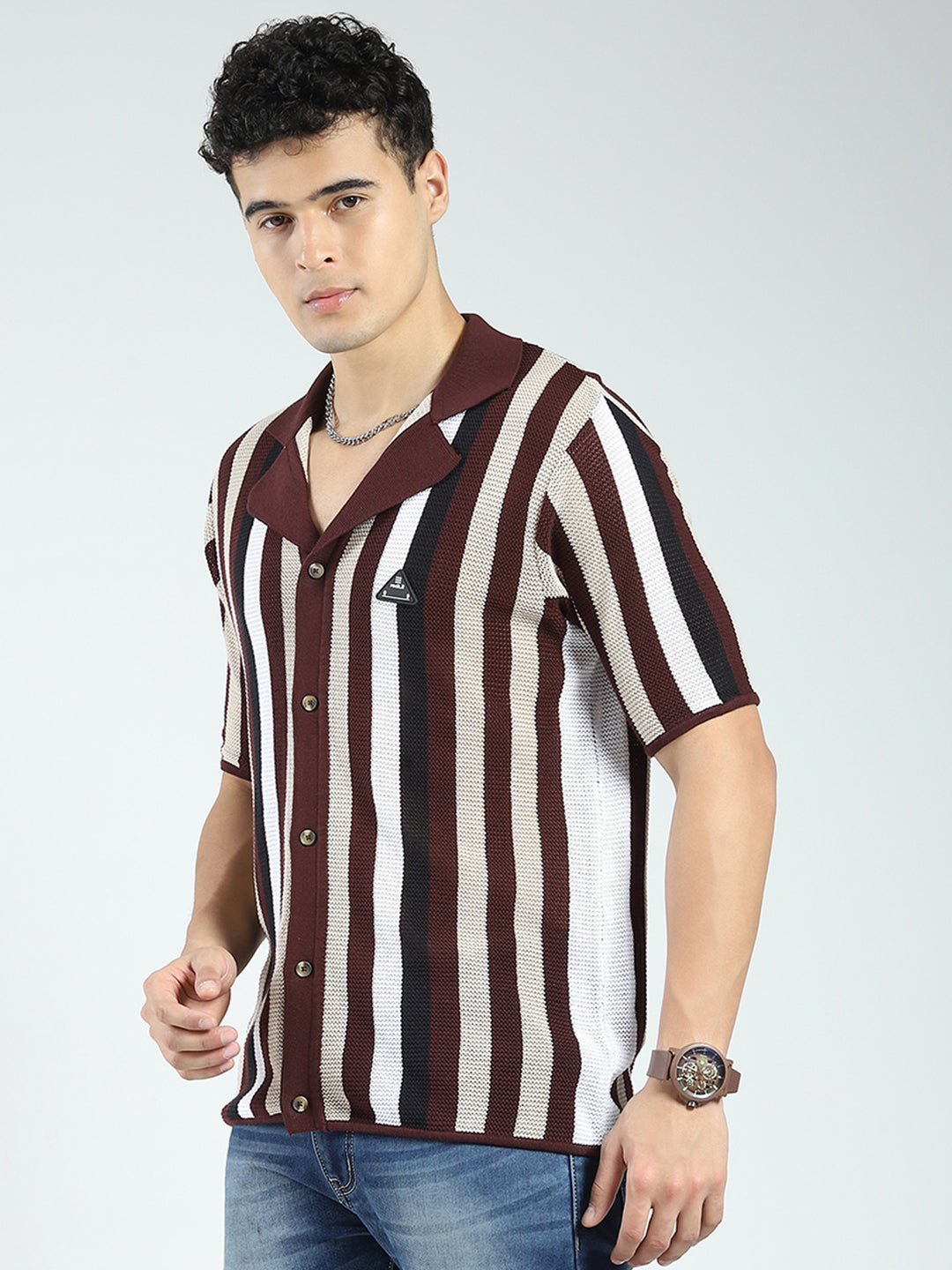 Rock.it Men Maroon Stripe Collar Half Sleeve Shirt