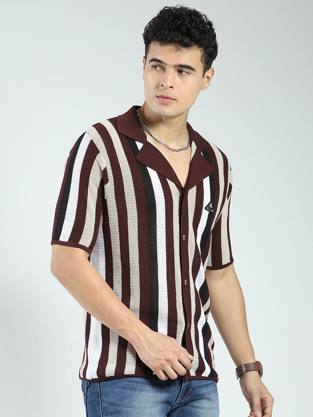 Rock.it Men Maroon Stripe Collar Half Sleeve Shirt
