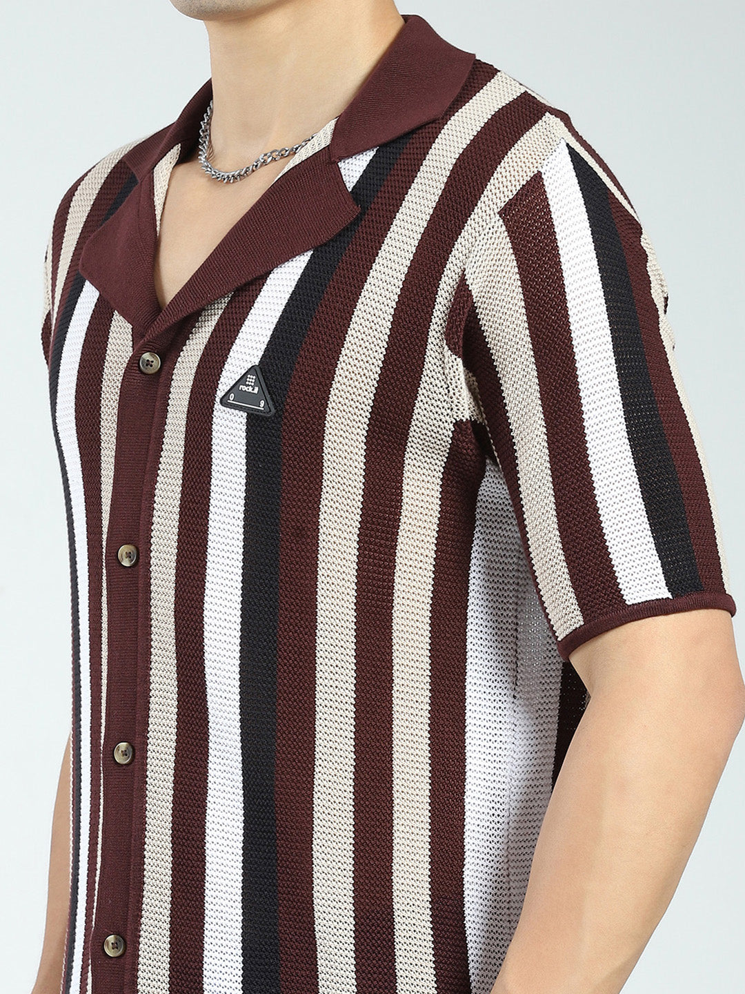 Rock.it Men Maroon Stripe Collar Half Sleeve Shirt