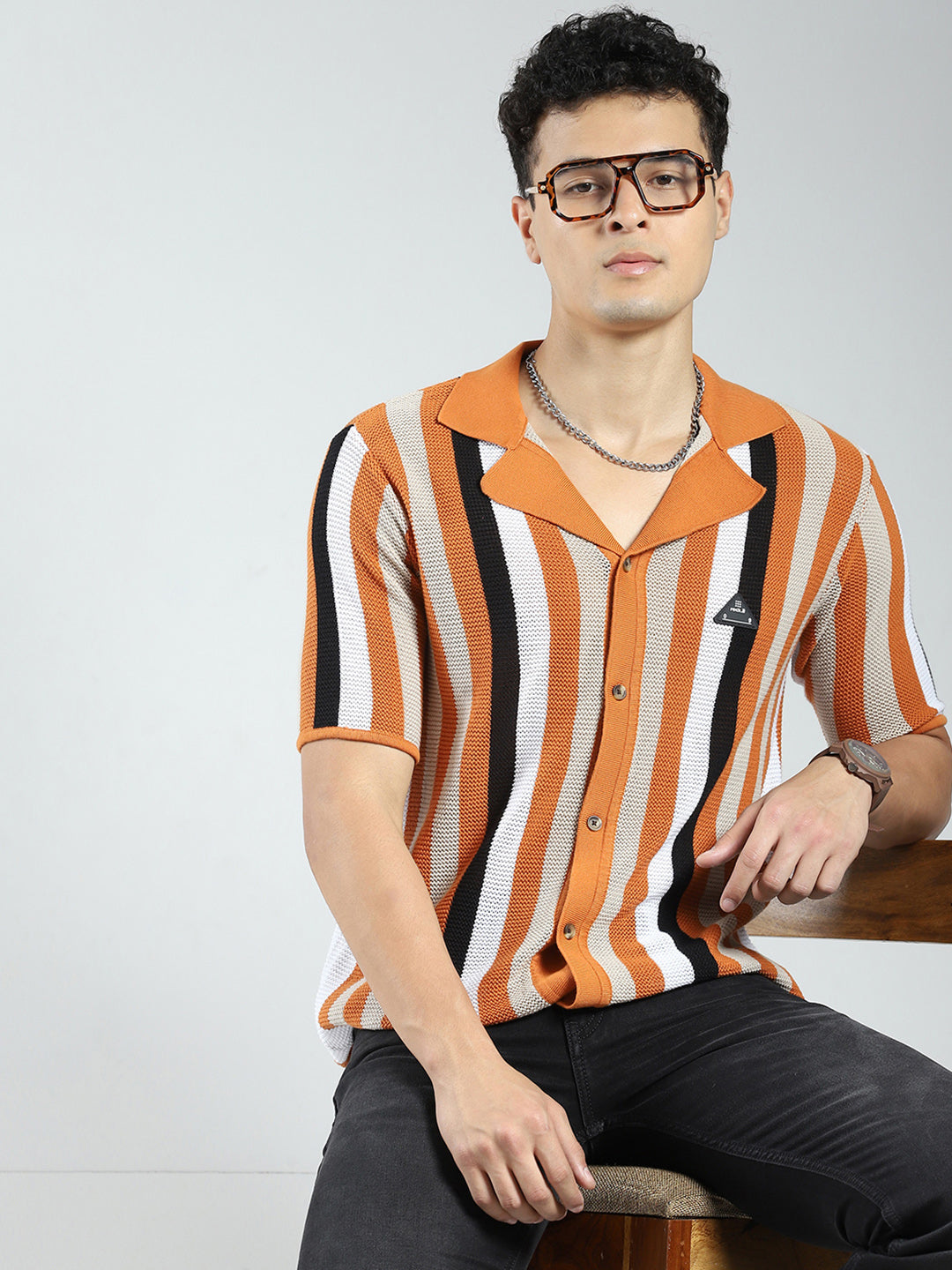 Rock.it Men Orange Stripe Collar Half Sleeve Shirt
