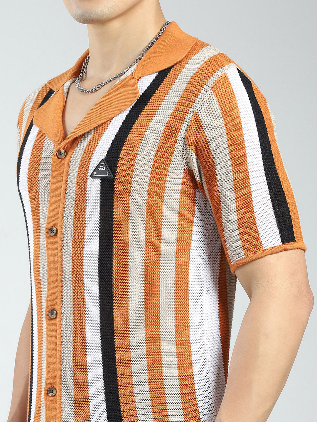 Rock.it Men Orange Stripe Collar Half Sleeve Shirt