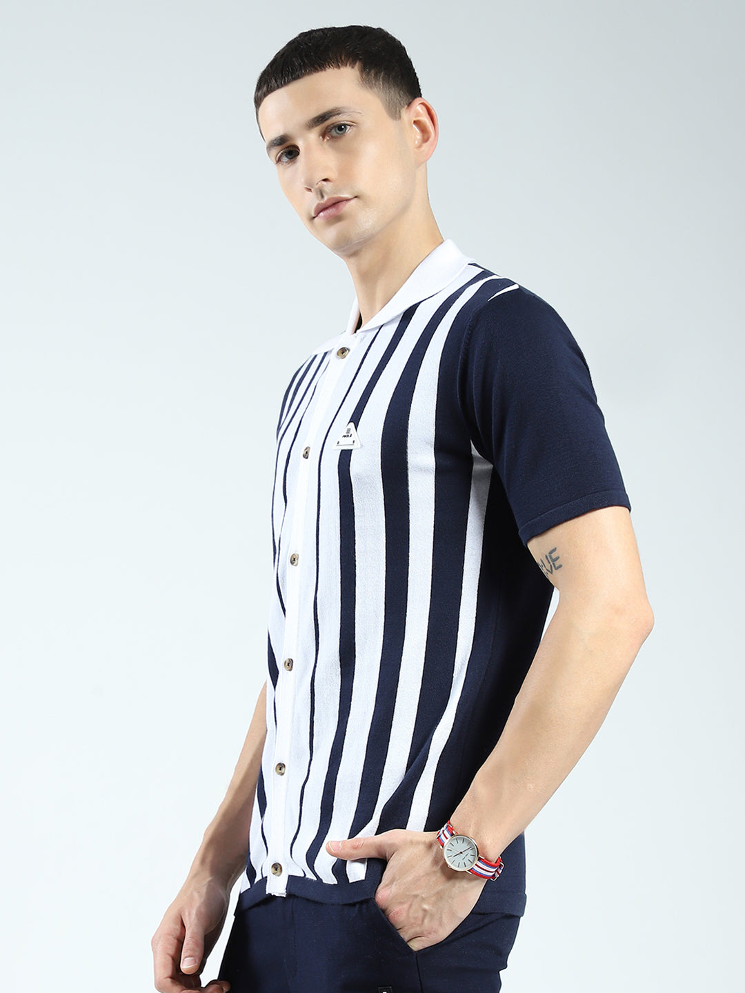 Rock.it Men Navy Blue Stripe Collar Half Sleeve Shirt