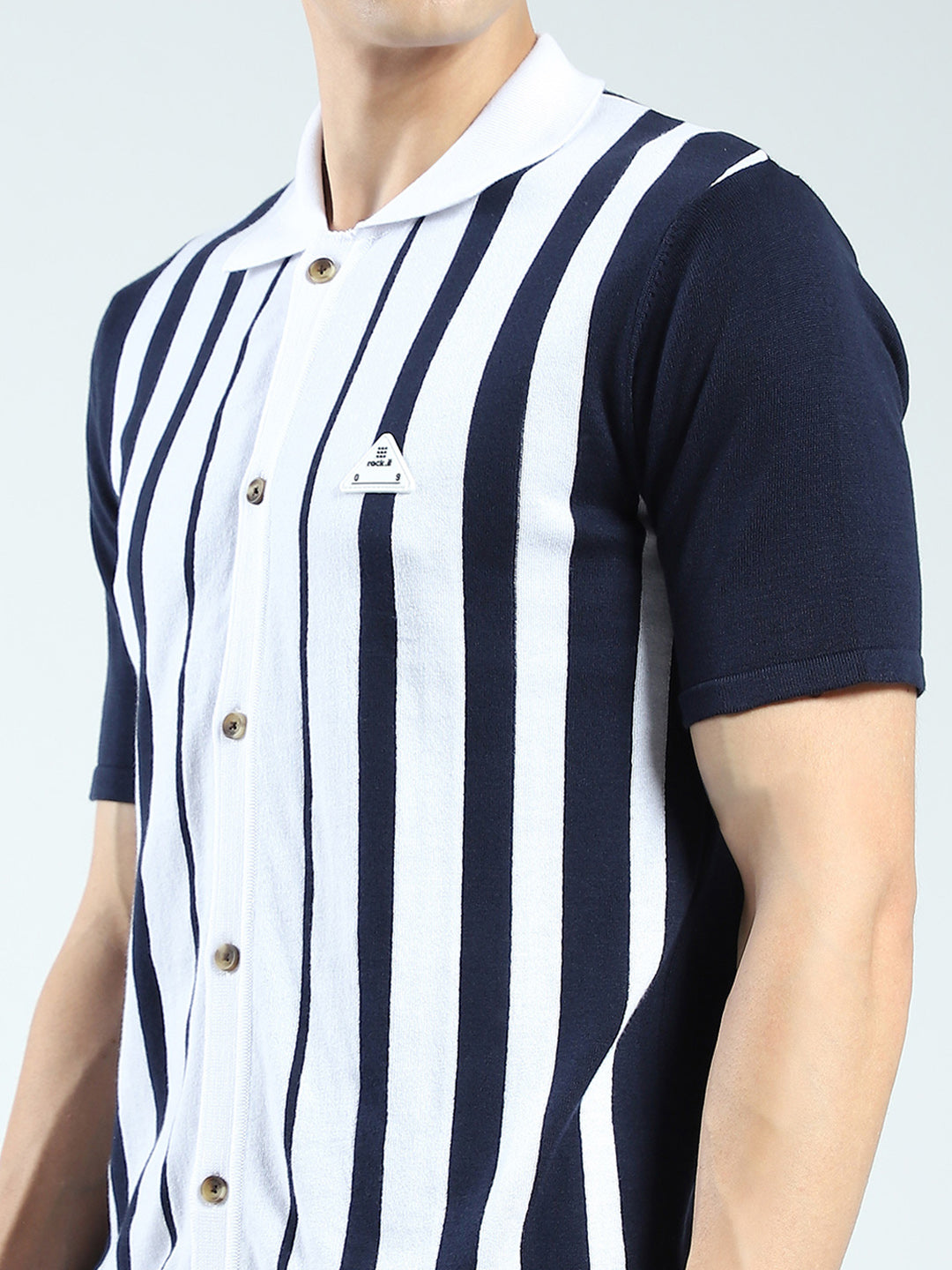 Rock.it Men Navy Blue Stripe Collar Half Sleeve Shirt