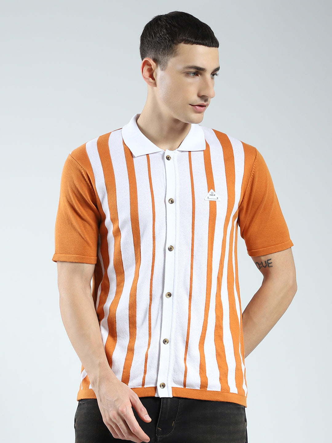 Rock.it Men Orange Stripe Collar Half Sleeve Shirt