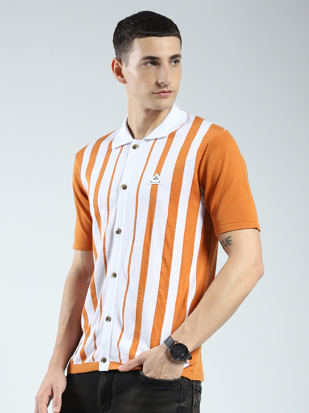 Rock.it Men Orange Stripe Collar Half Sleeve Shirt