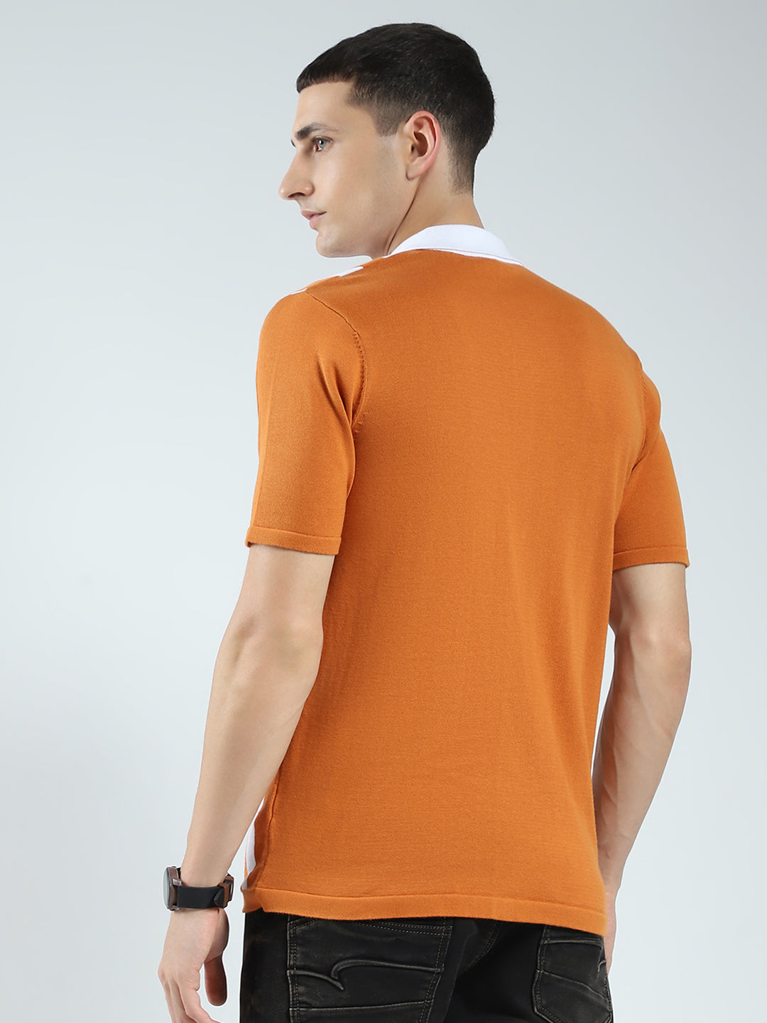 Rock.it Men Orange Stripe Collar Half Sleeve Shirt