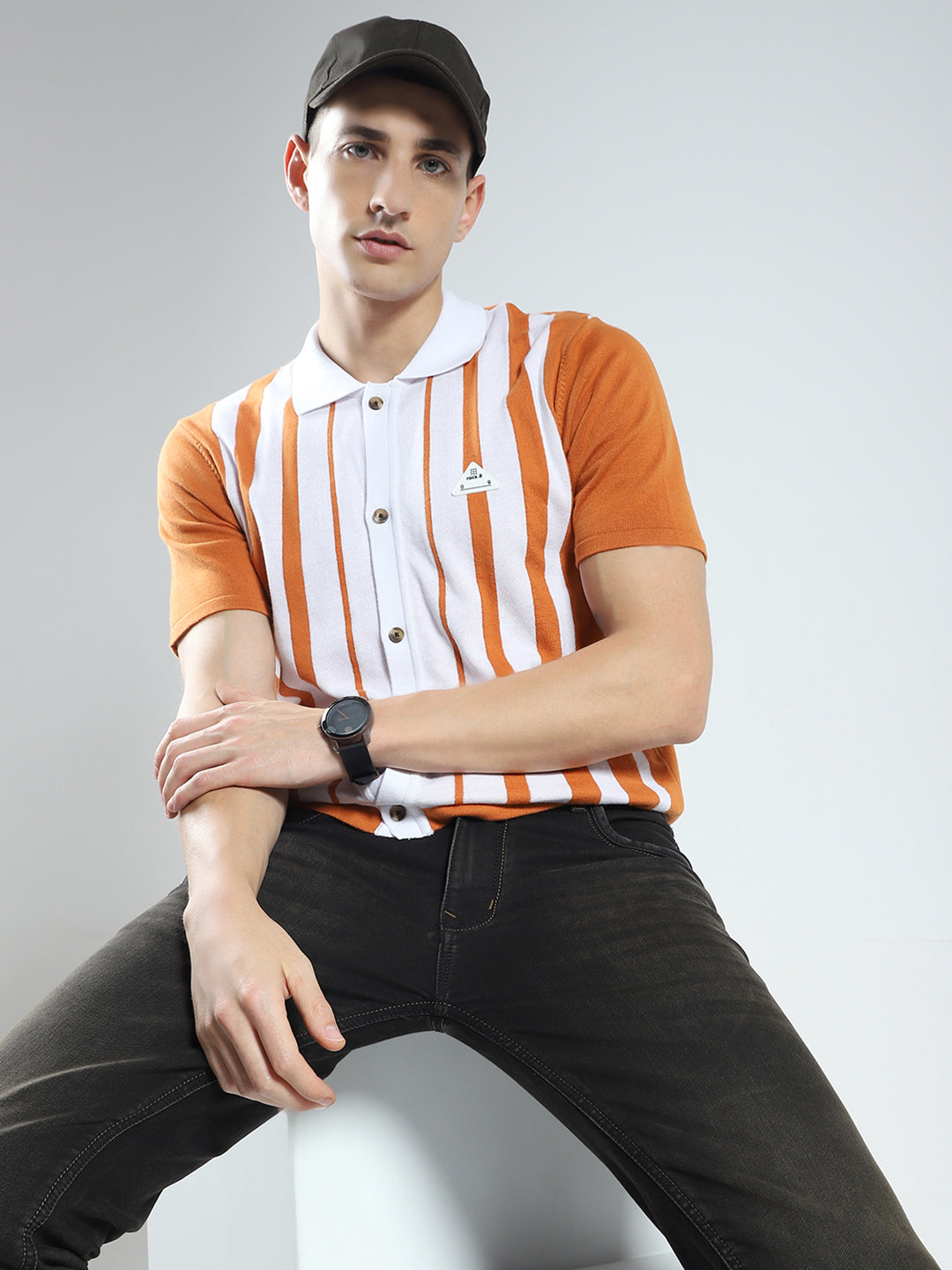 Rock.it Men Orange Stripe Collar Half Sleeve Shirt