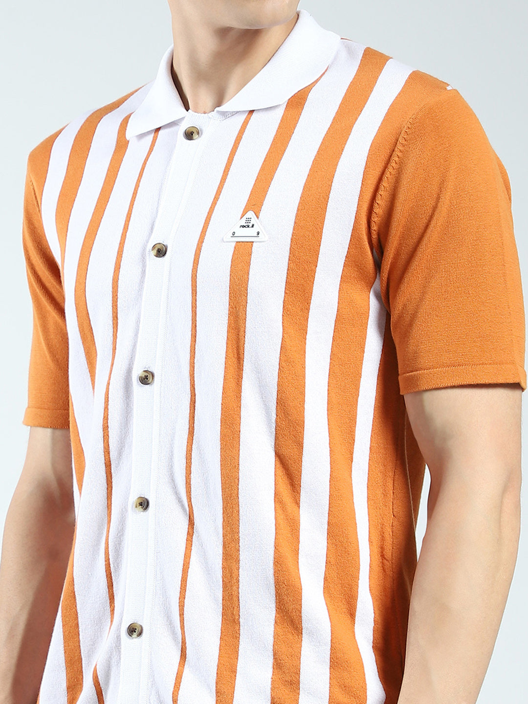 Rock.it Men Orange Stripe Collar Half Sleeve Shirt