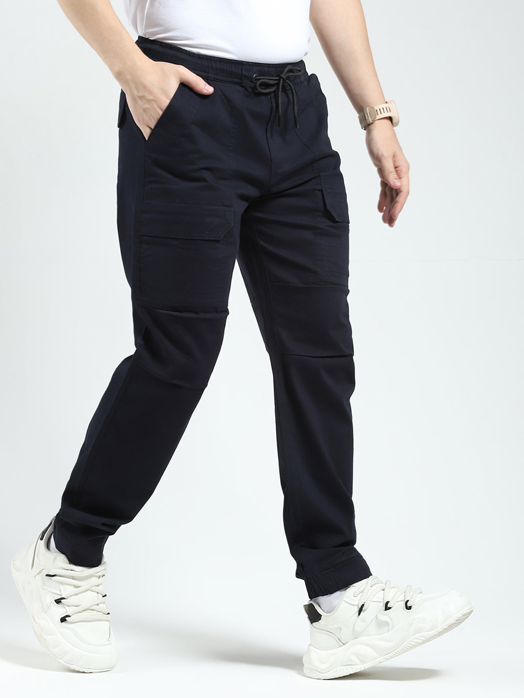 Rock.it Men Navy Blue Solid Straight Fit Cargo