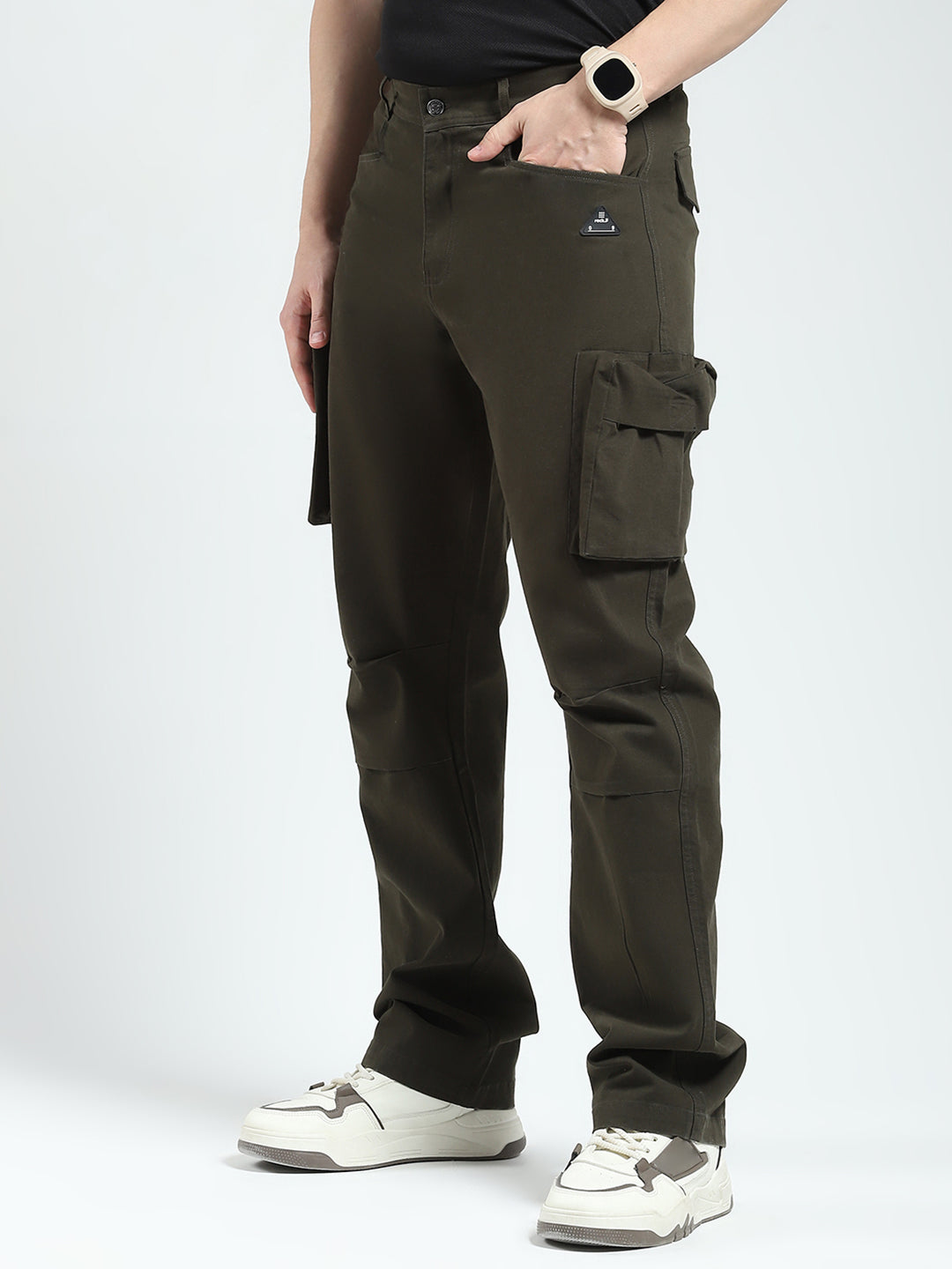 Rock.it Men Olive Solid Straight Fit Cargo