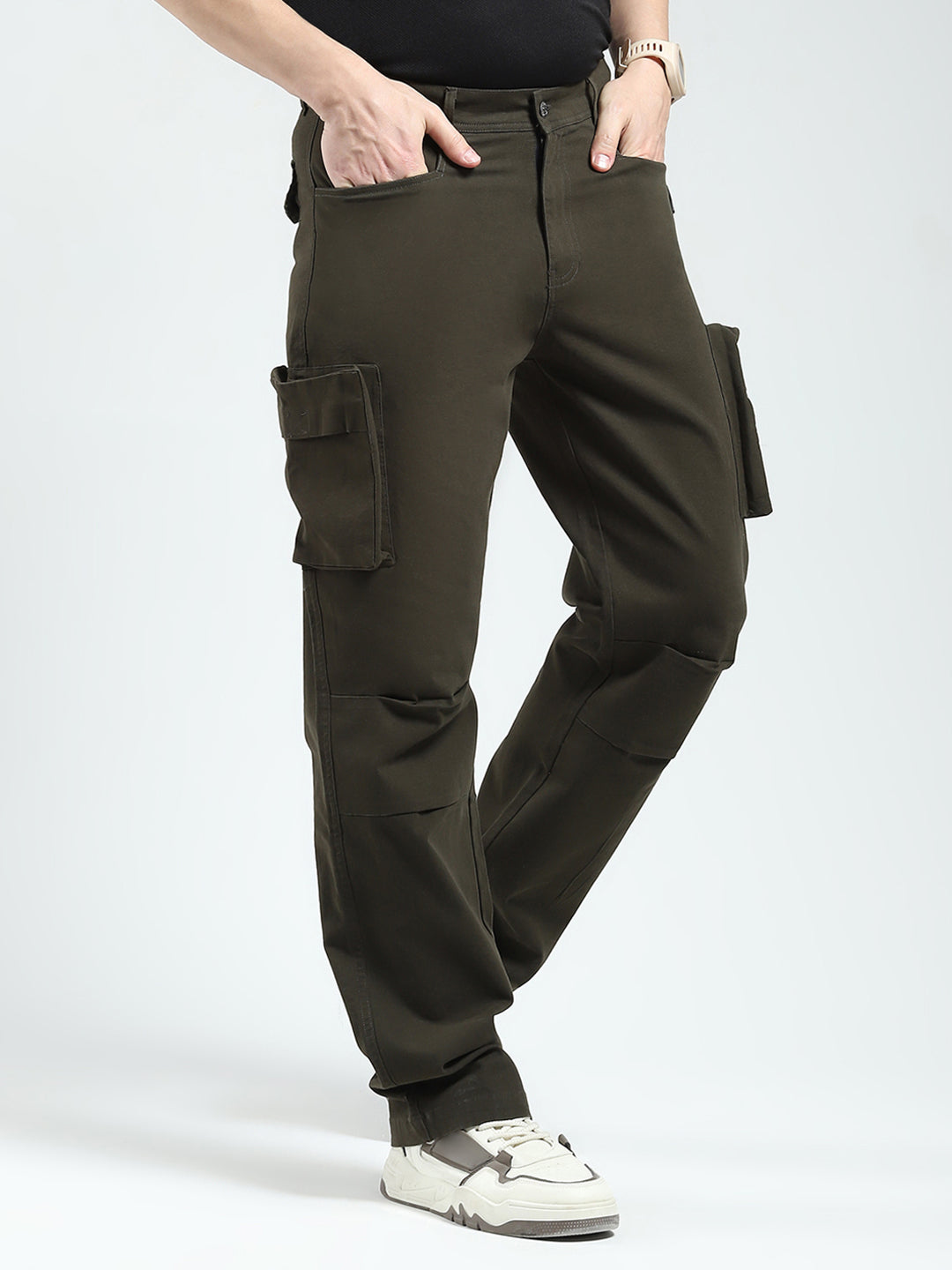 Rock.it Men Olive Solid Straight Fit Cargo