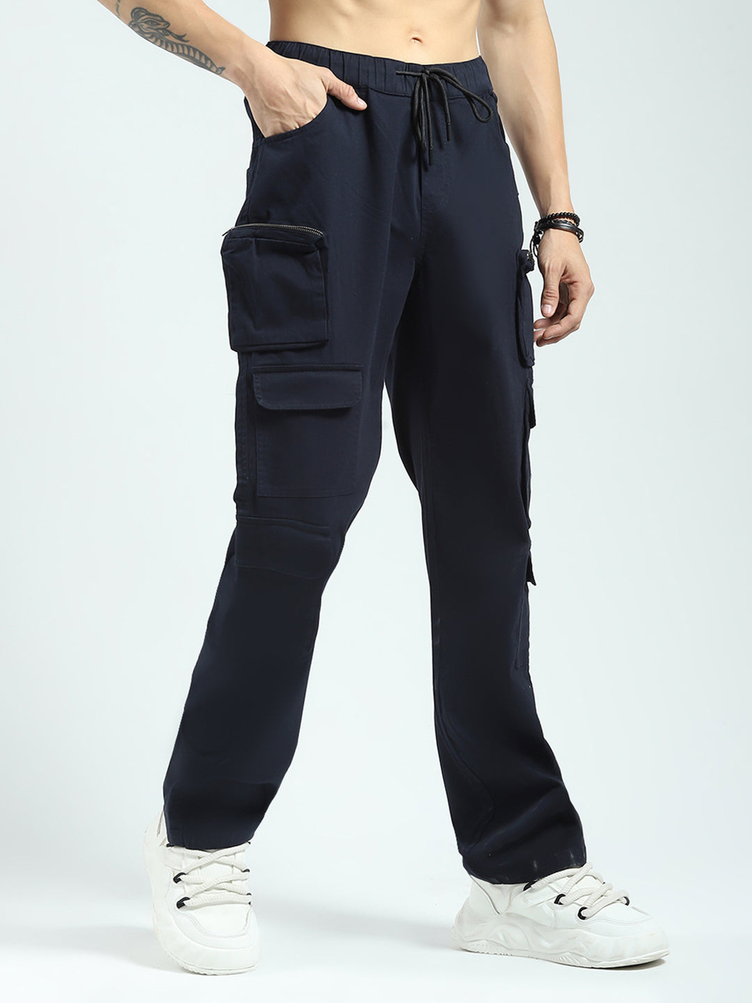 Rock.it Men Navy Blue Solid Straight Fit Cargo