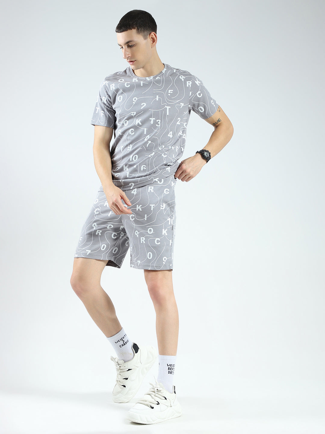 Rock.it Men Grey Printed Round Neck Half Sleeve Shorts Set