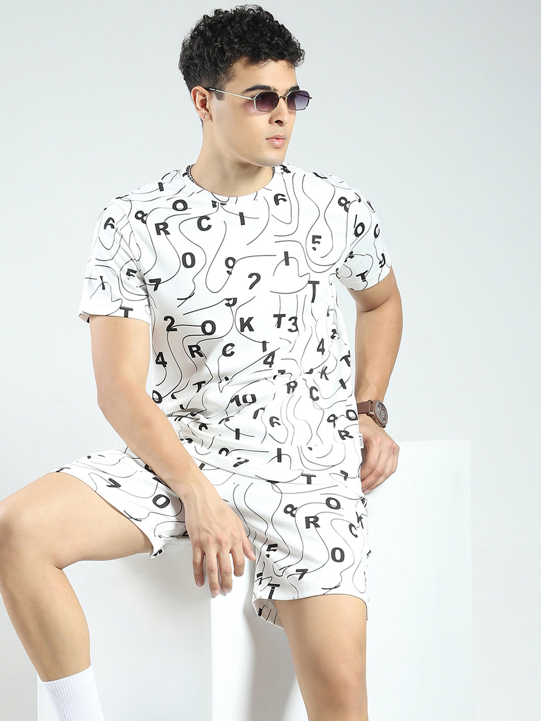 Rock.it Men White Printed Round Neck Half Sleeve Shorts Set