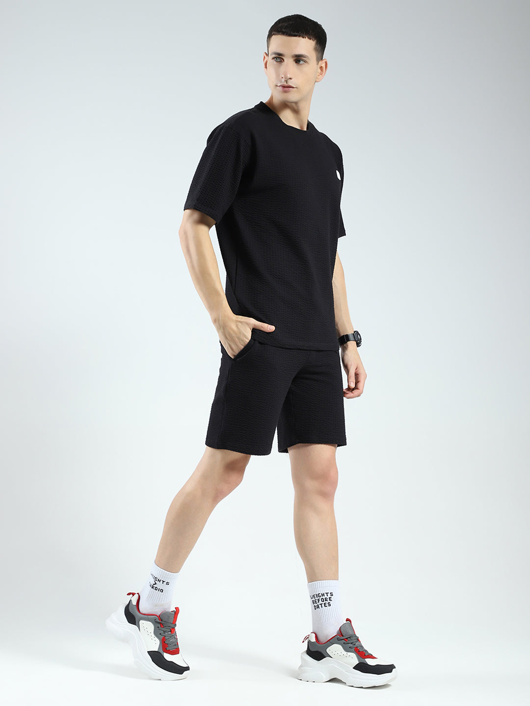 Rock.it Men Black Self Design Round Neck Half Sleeve Shorts Set