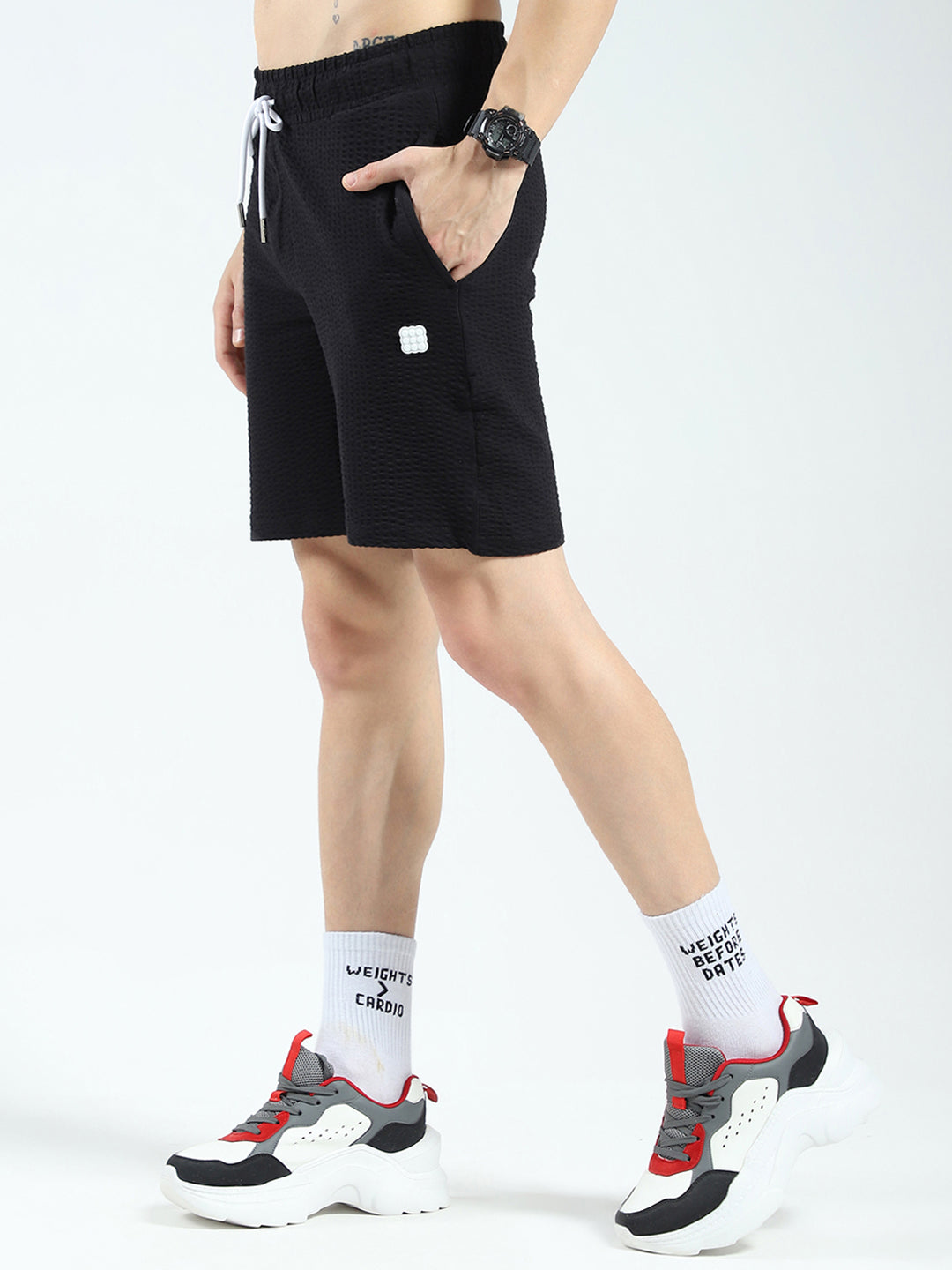 Rock.it Men Black Self Design Round Neck Half Sleeve Shorts Set