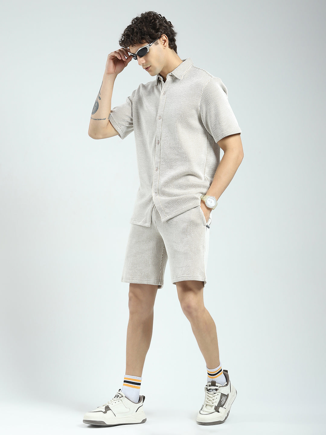 Rock.it Men Brown Stripe Collar Half Sleeve Cords Set