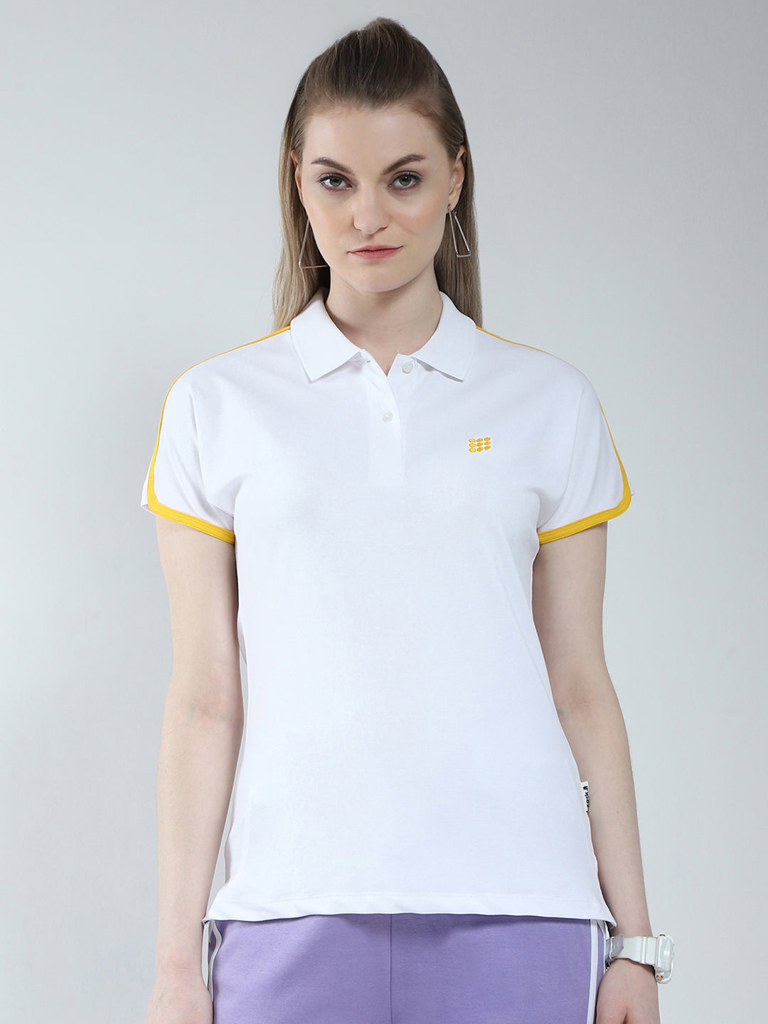 Rock.it Women White Solid Collar Half Sleeve T-Shirt