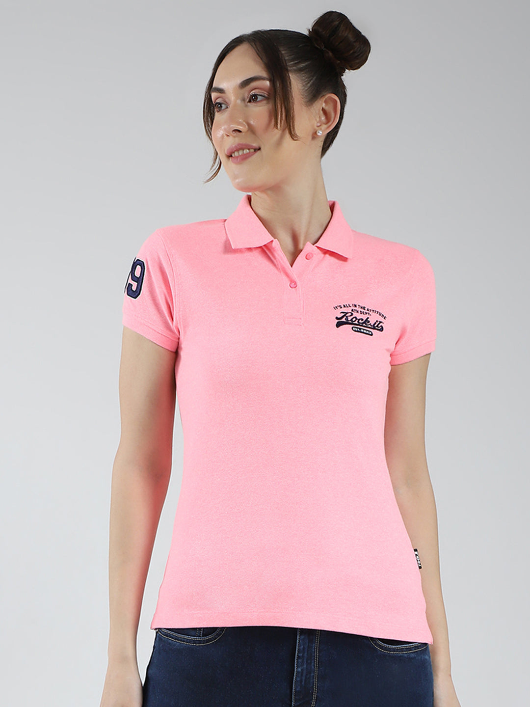 Rock.it Women Pink Solid Collar Half Sleeve T-Shirt