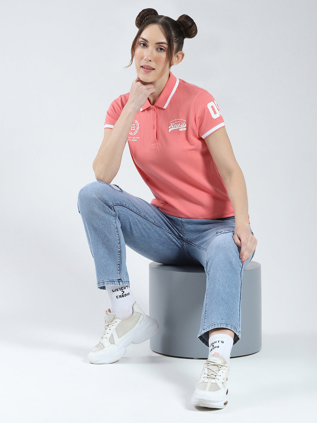 Rock.it Women Coral Printed Collar Half Sleeve T-Shirt