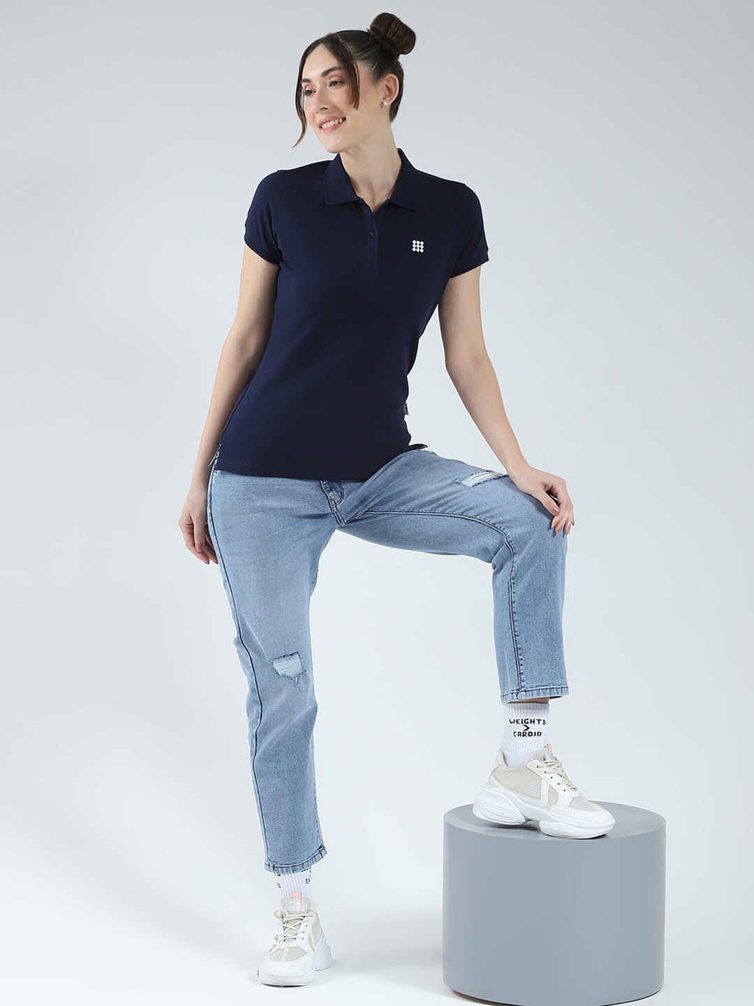 Rock.it Women Navy Blue Solid Collar Half Sleeve T-Shirt