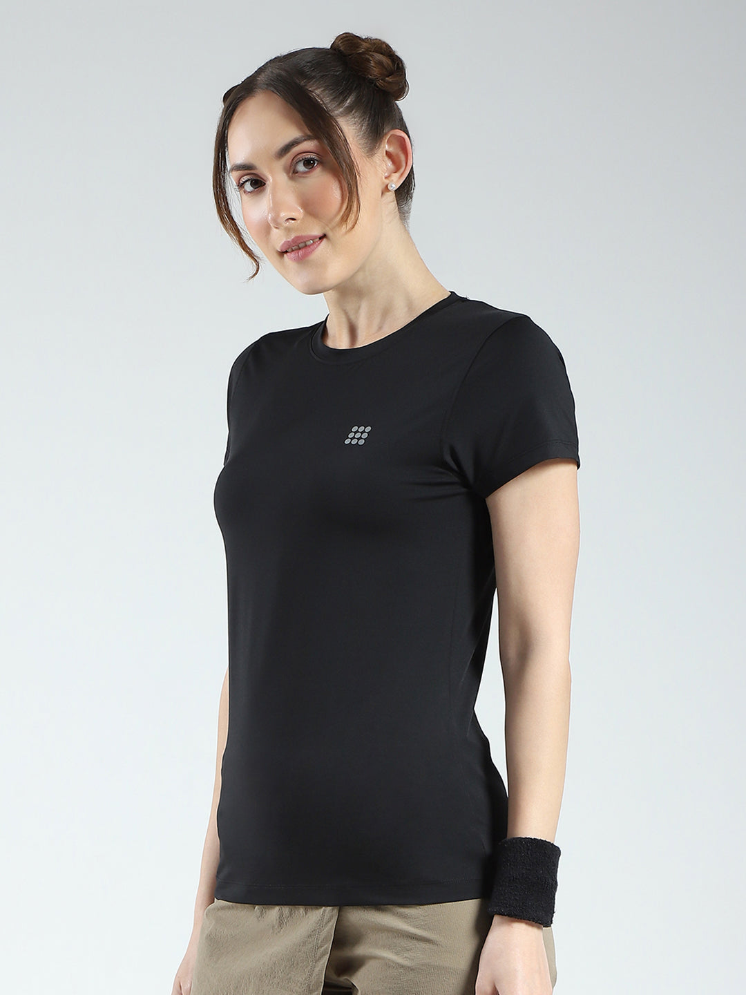 Rock.it Women Black Solid Round Neck Half Sleeve Top