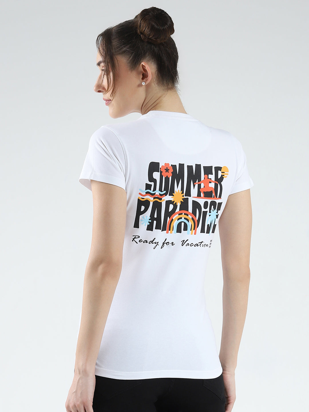 Rock.it Women White Printed Round Neck Half Sleeve Top