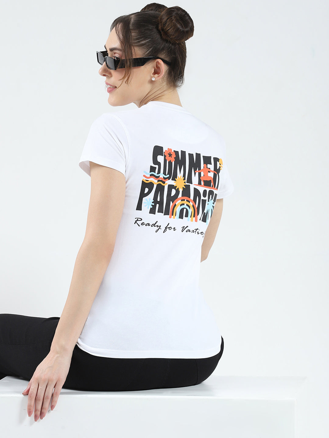 Rock.it Women White Printed Round Neck Half Sleeve Top