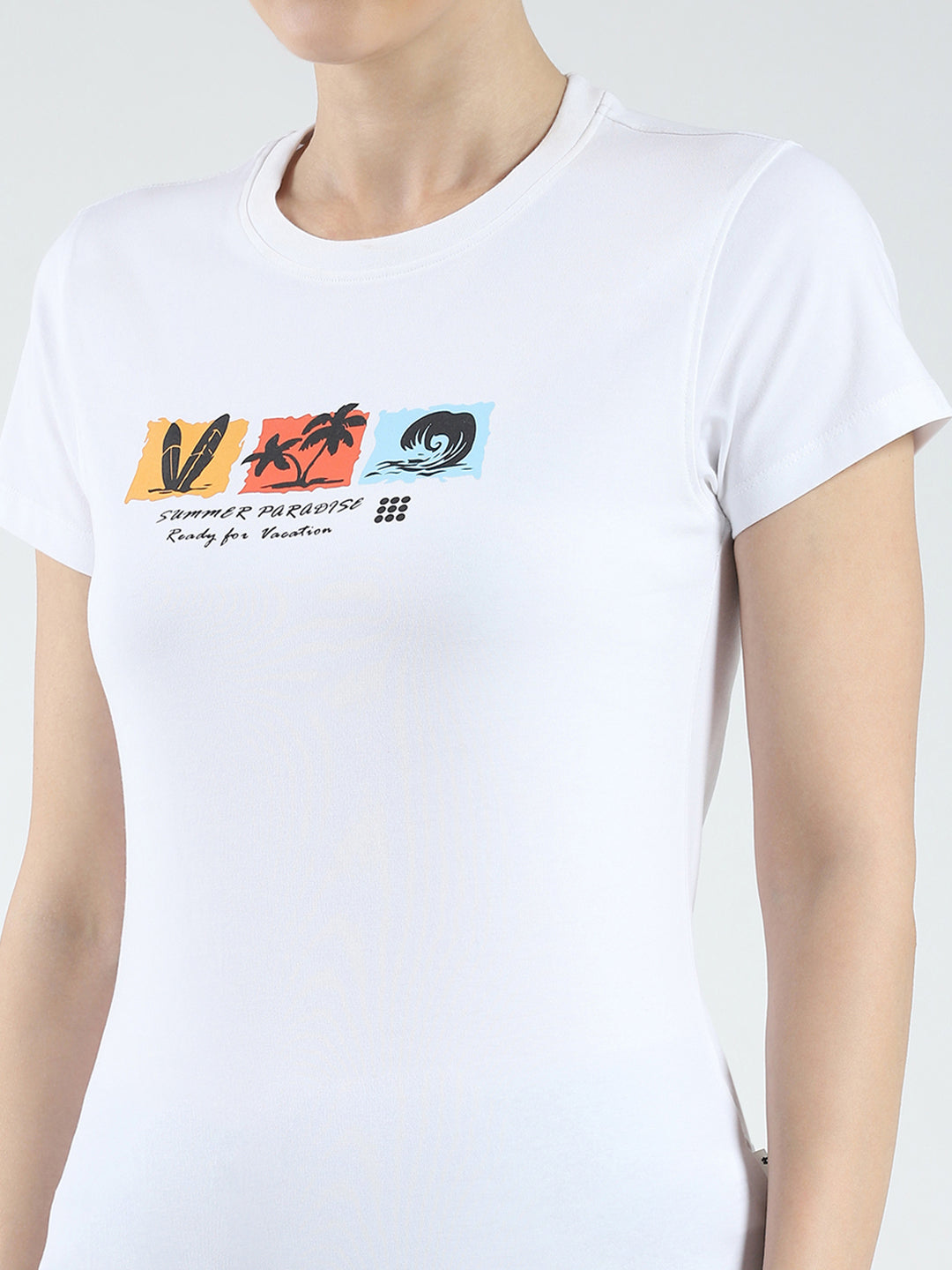 Rock.it Women White Printed Round Neck Half Sleeve Top