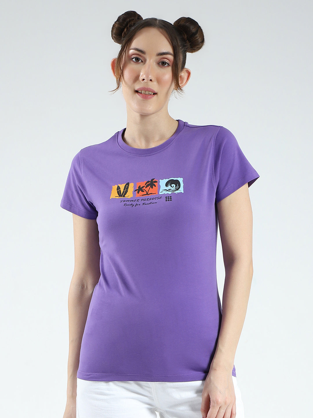 Rock.it Women Purple Printed Round Neck Half Sleeve Top