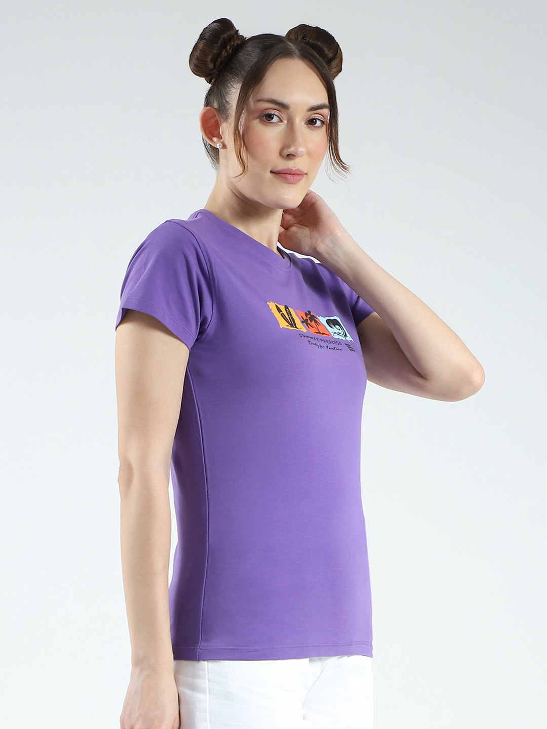 Rock.it Women Purple Printed Round Neck Half Sleeve Top