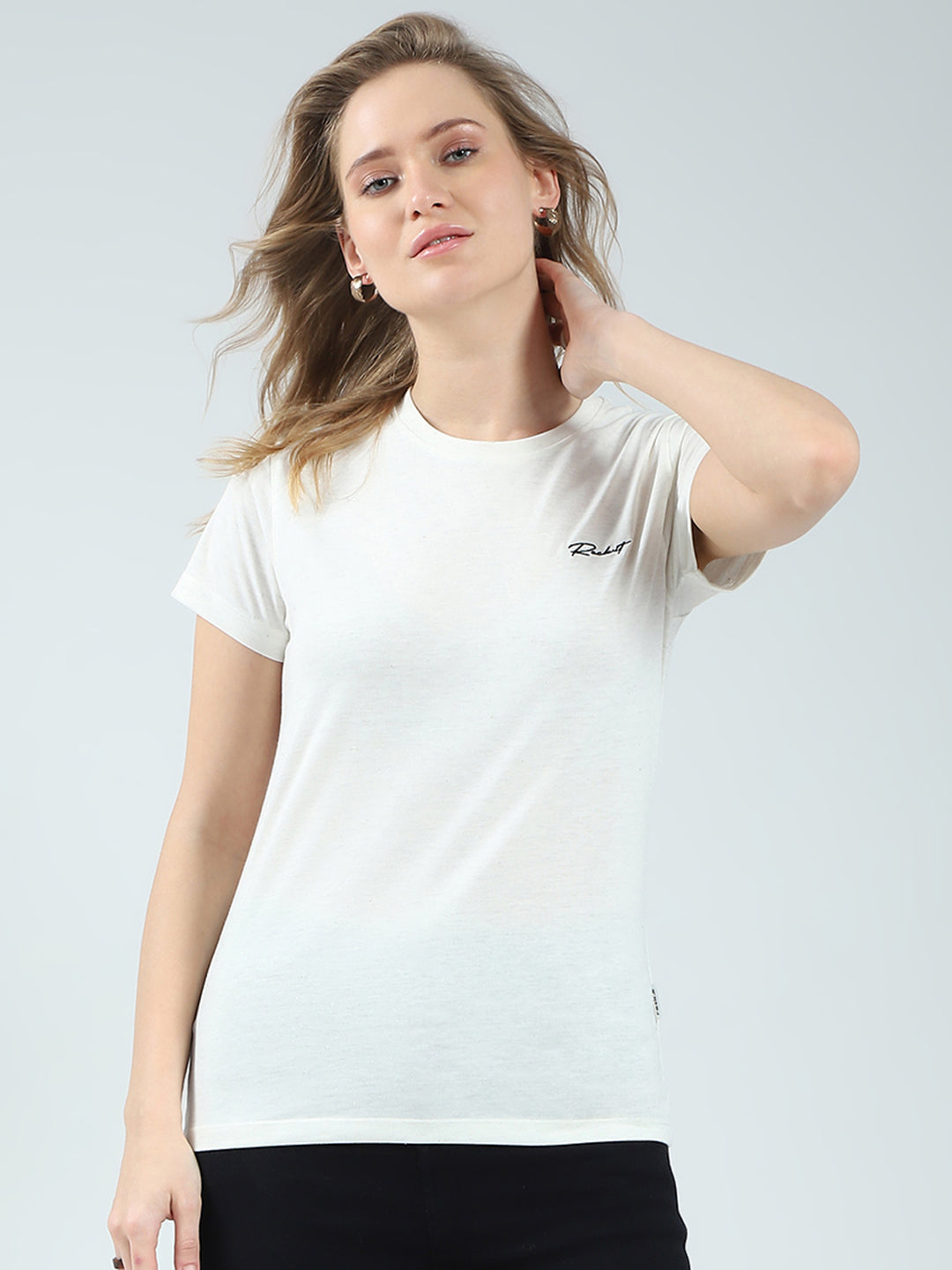 Rock.it Women Off White Solid Round Neck Half Sleeve Top