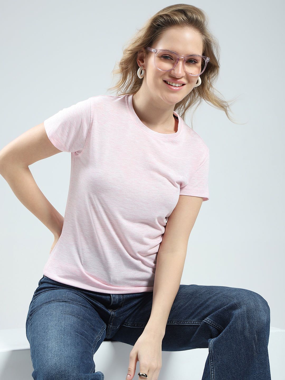 Rock.it Women Pink Solid Round Neck Half Sleeve Top