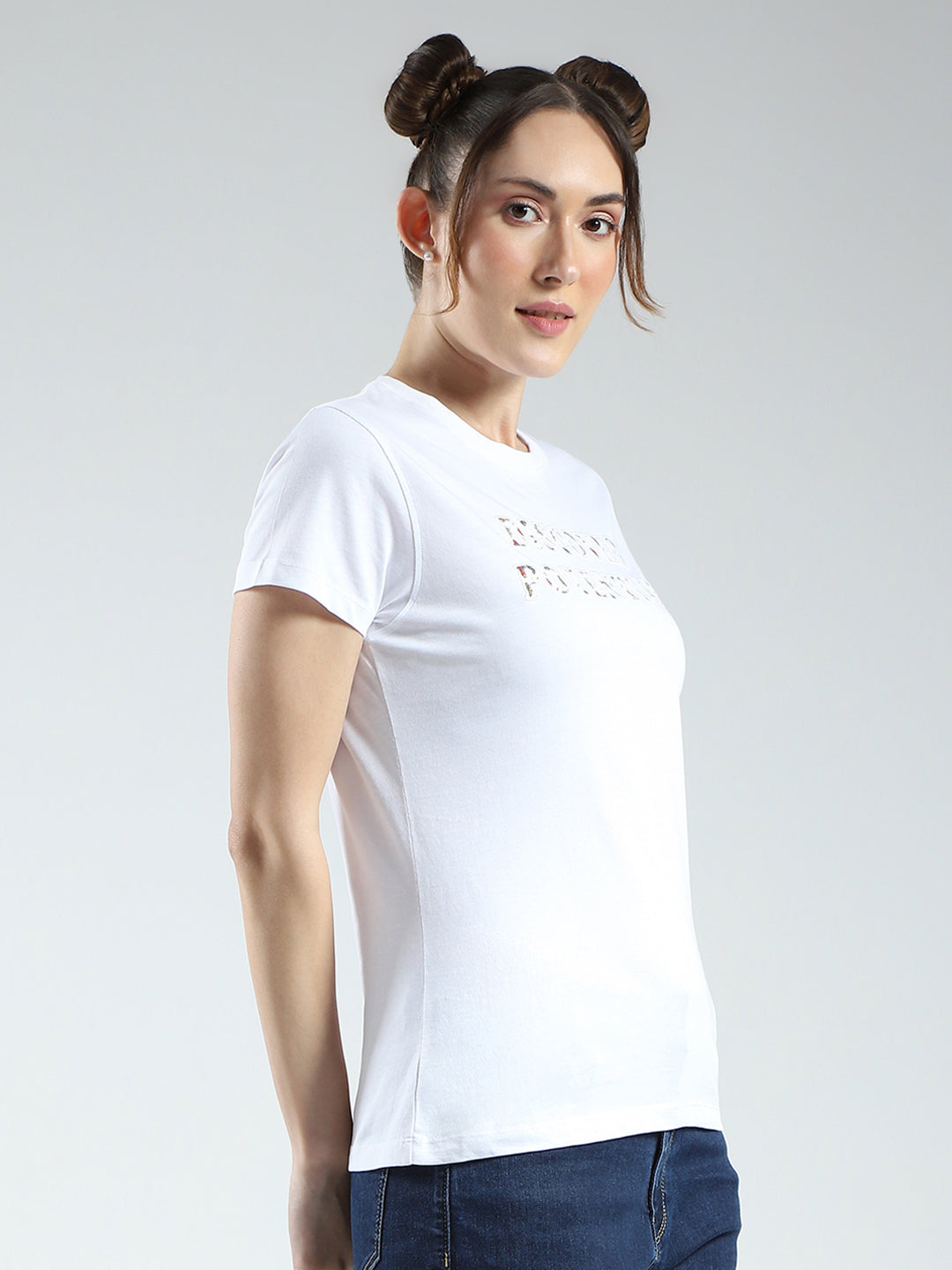 Rock.it Women White Solid Round Neck Half Sleeve Top