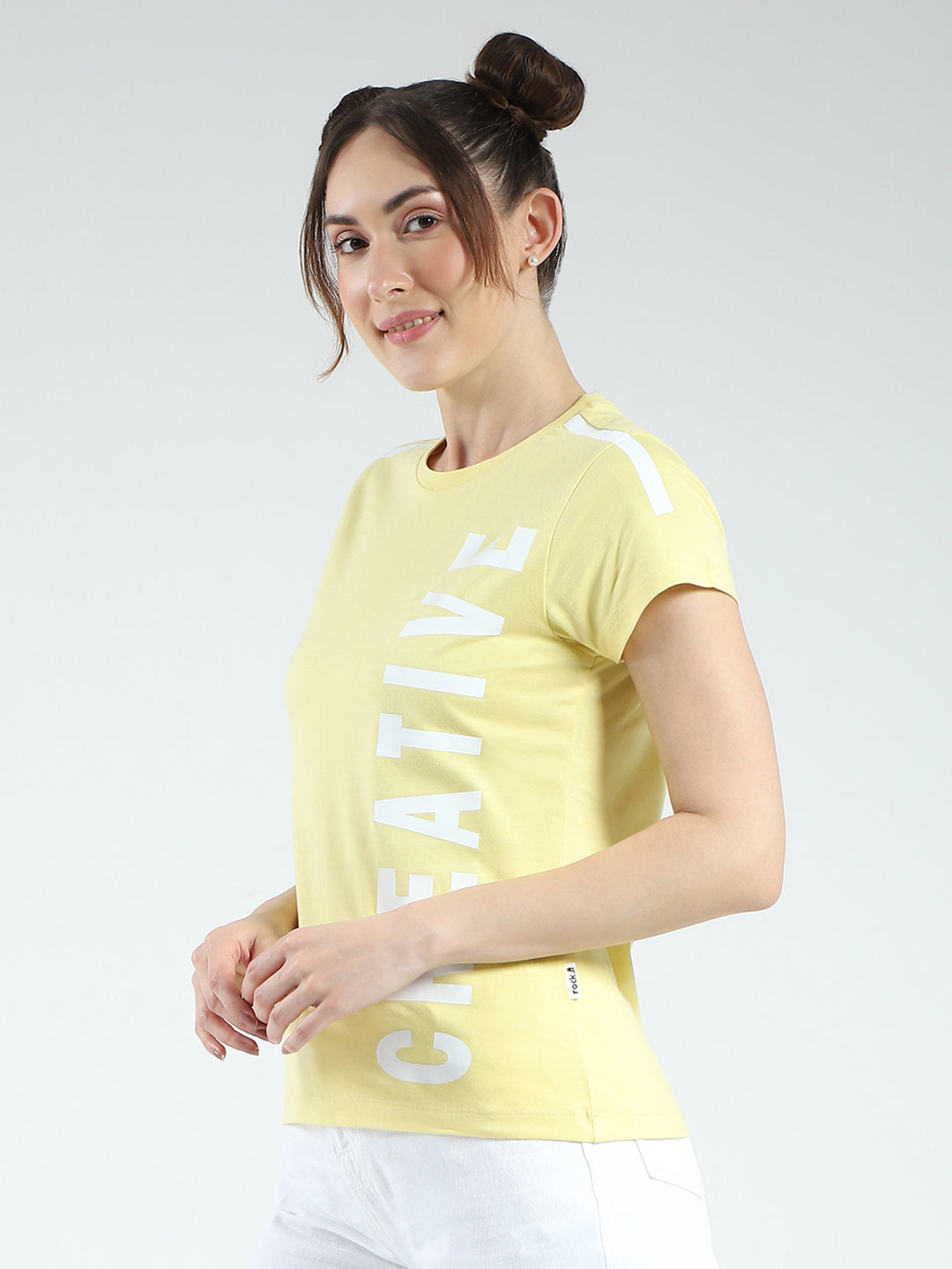 Rock.it Women Yellow Printed Round Neck Half Sleeve Top