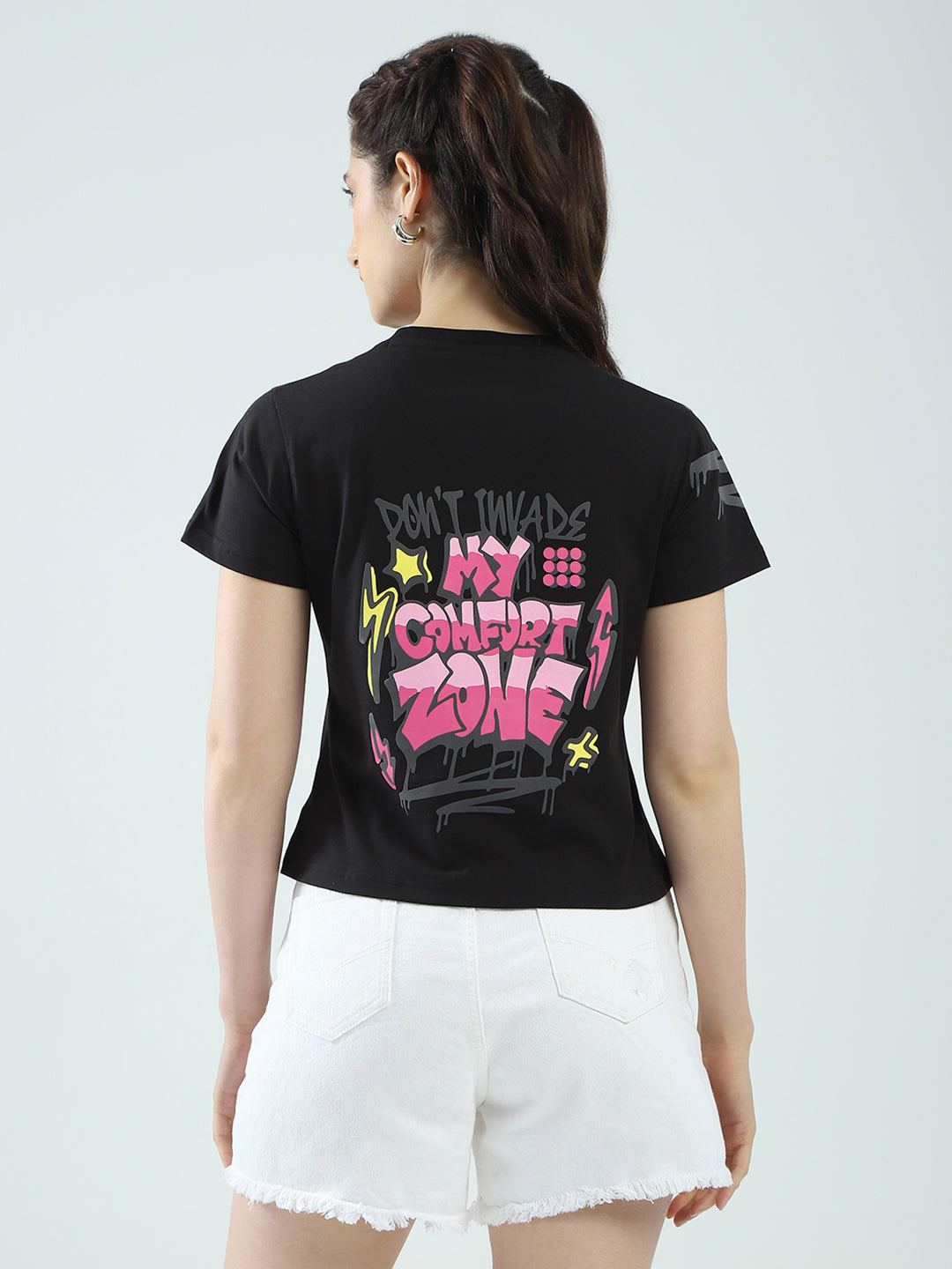 Rock.it Women Black Printed Round Neck Half Sleeve Top