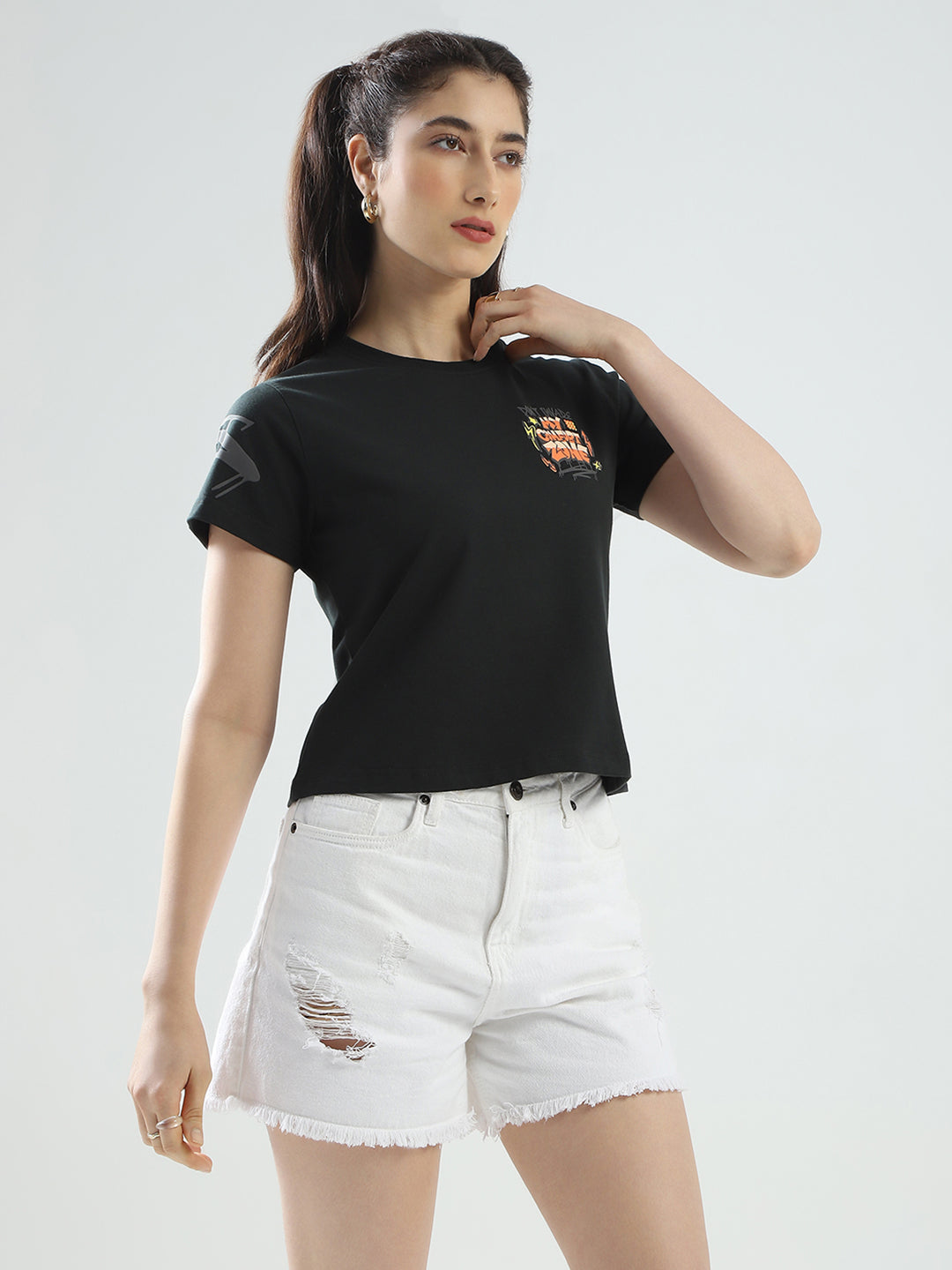 Rock.it Women Green Printed Round Neck Half Sleeve Top