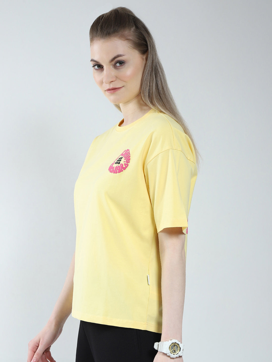 Rock.it Women Yellow Printed Round Neck Half Sleeve Top