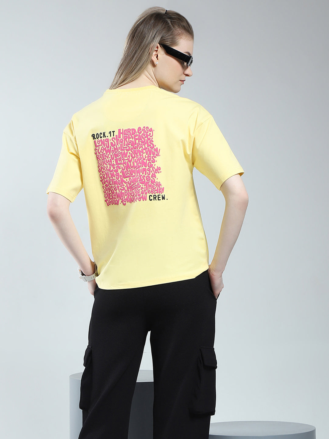 Rock.it Women Yellow Printed Round Neck Half Sleeve Top