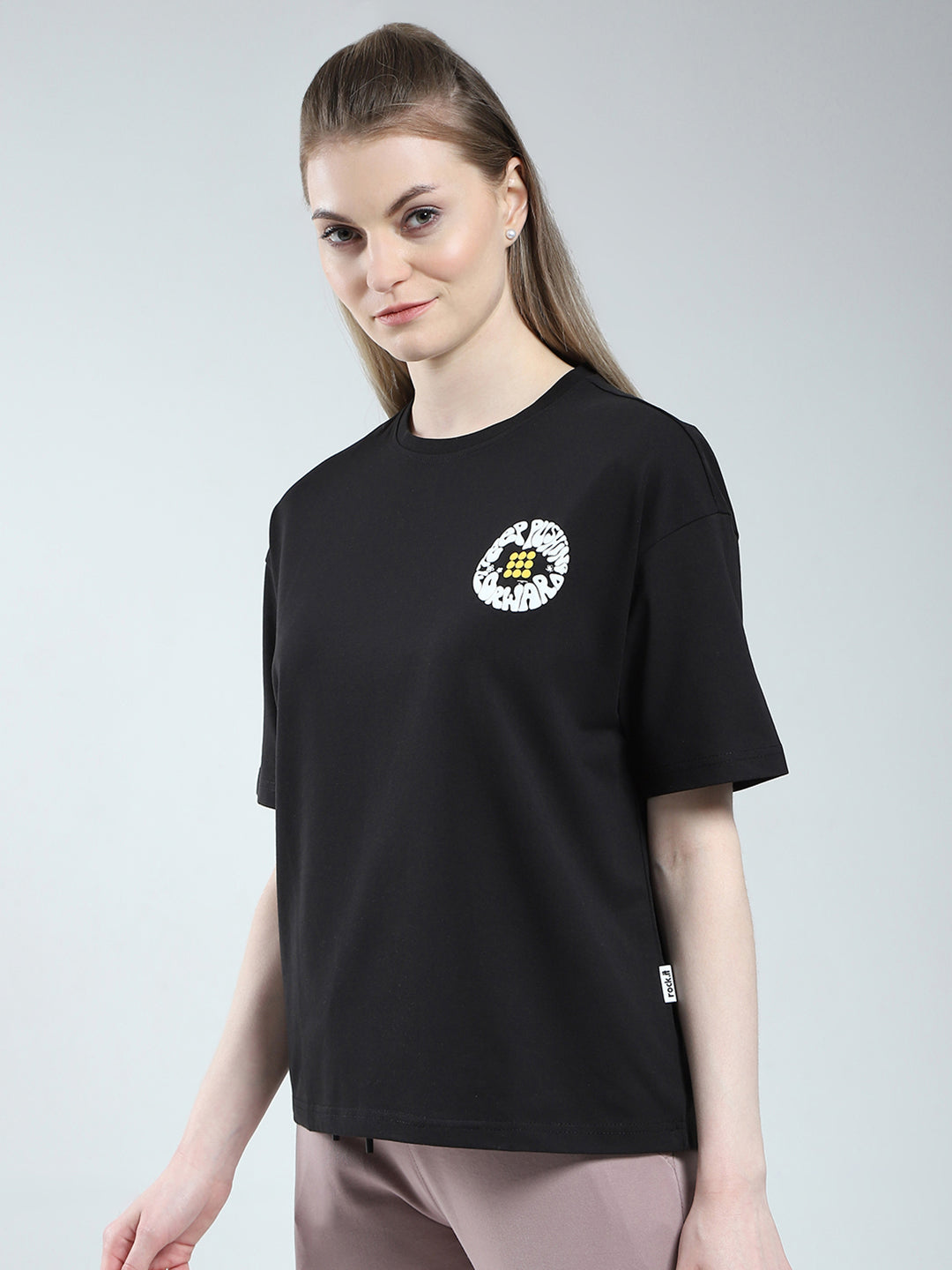 Rock.it Women Black Printed Round Neck Half Sleeve Top