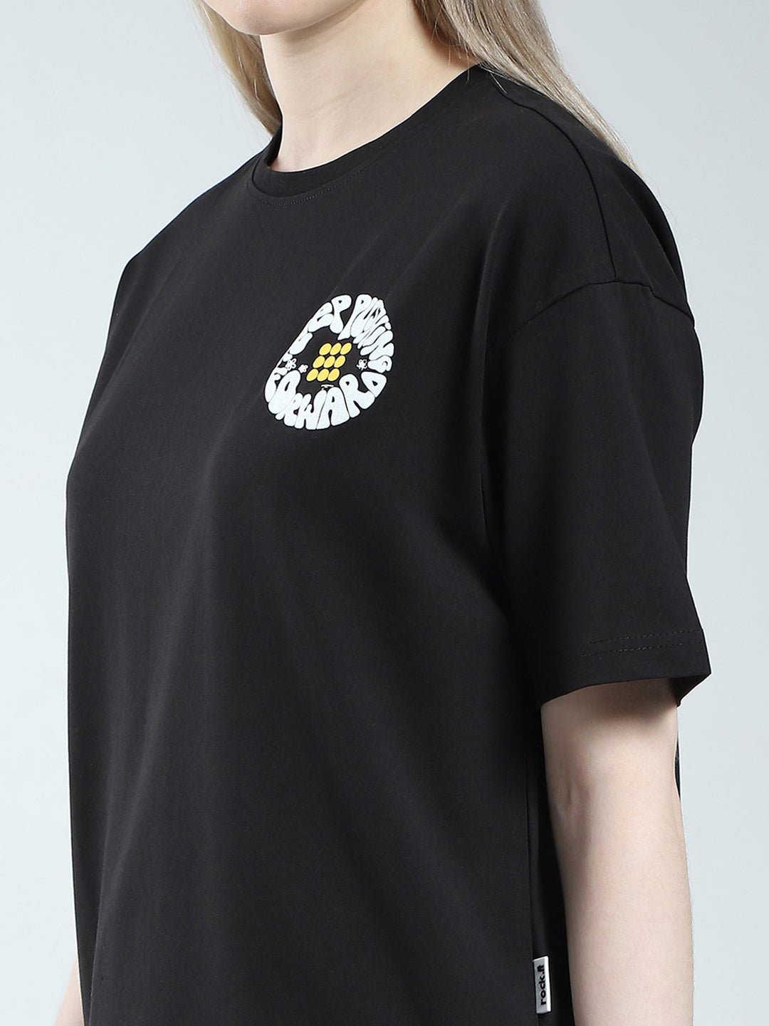 Rock.it Women Black Printed Round Neck Half Sleeve Top