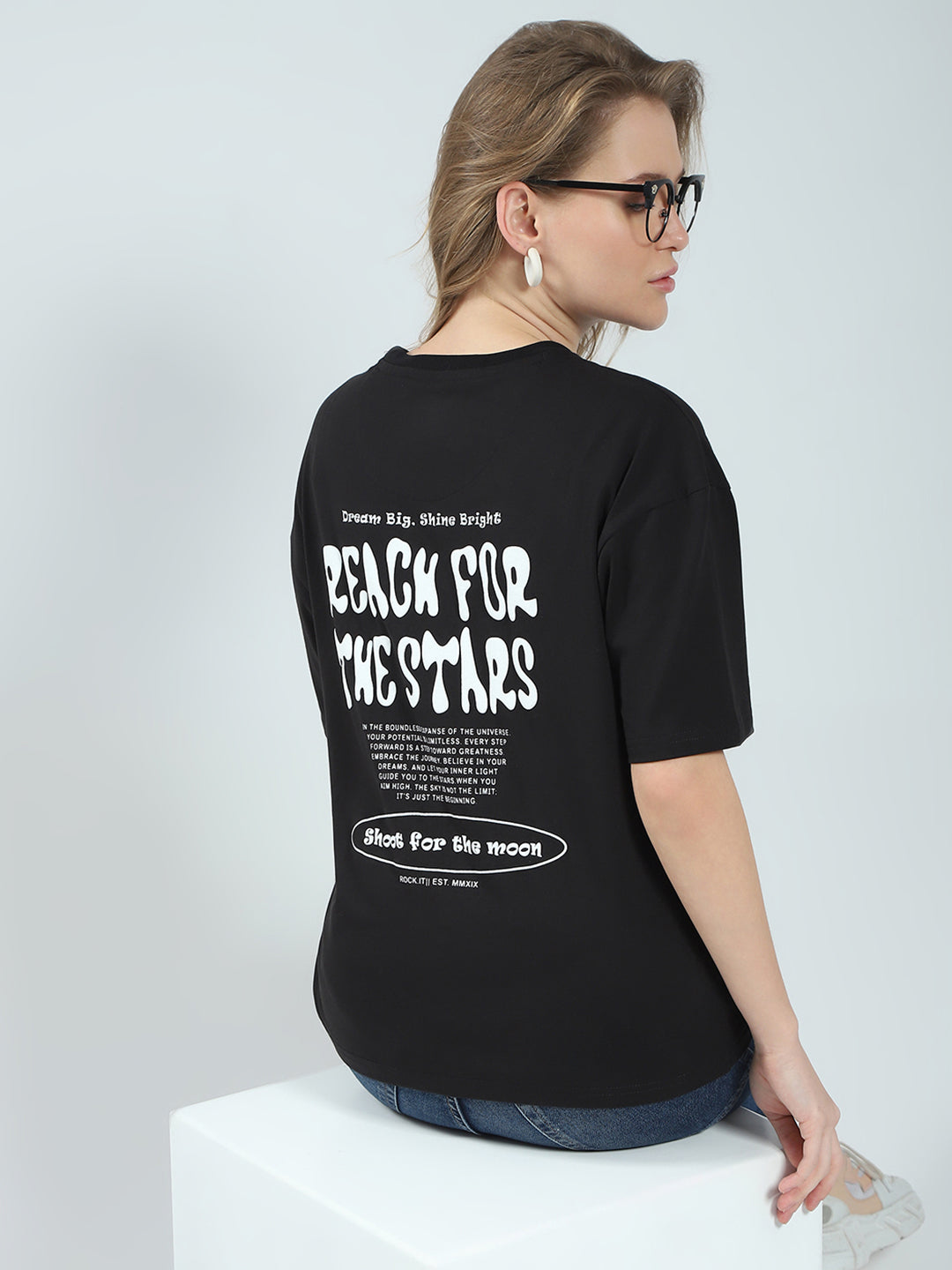 Rock.it Women Black Printed Round Neck Half Sleeve Top