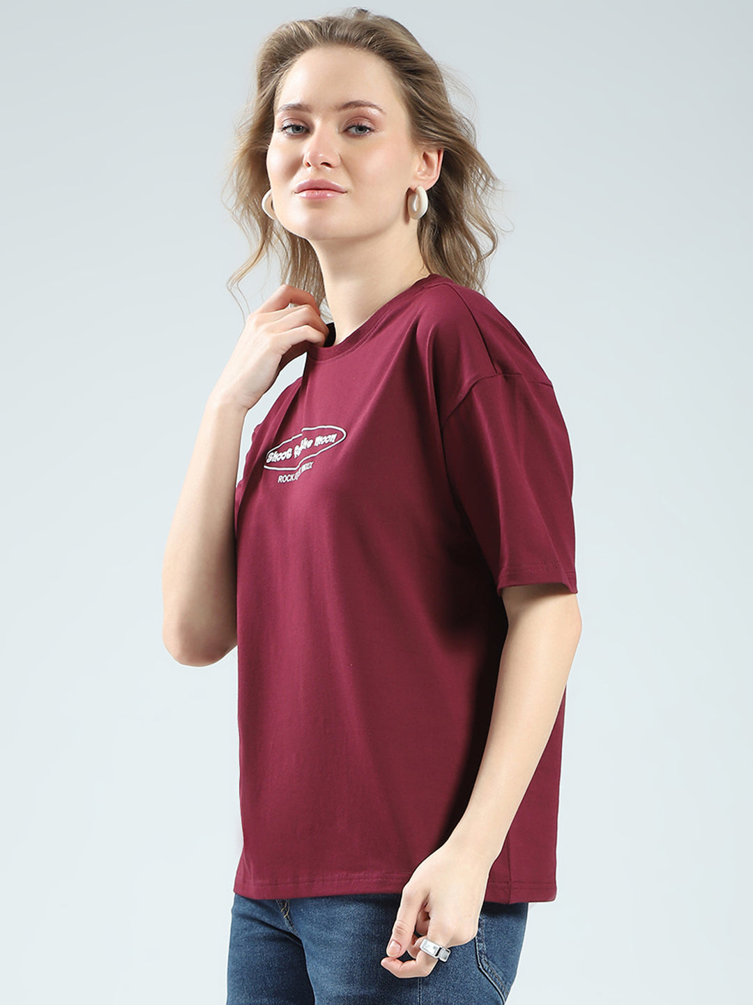 Rock.it Women Maroon Printed Round Neck Half Sleeve Top
