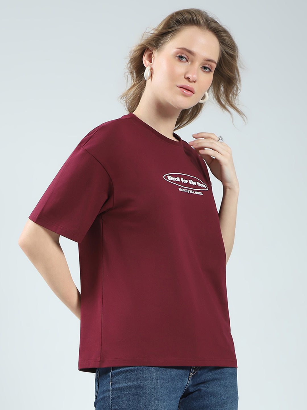 Rock.it Women Maroon Printed Round Neck Half Sleeve Top