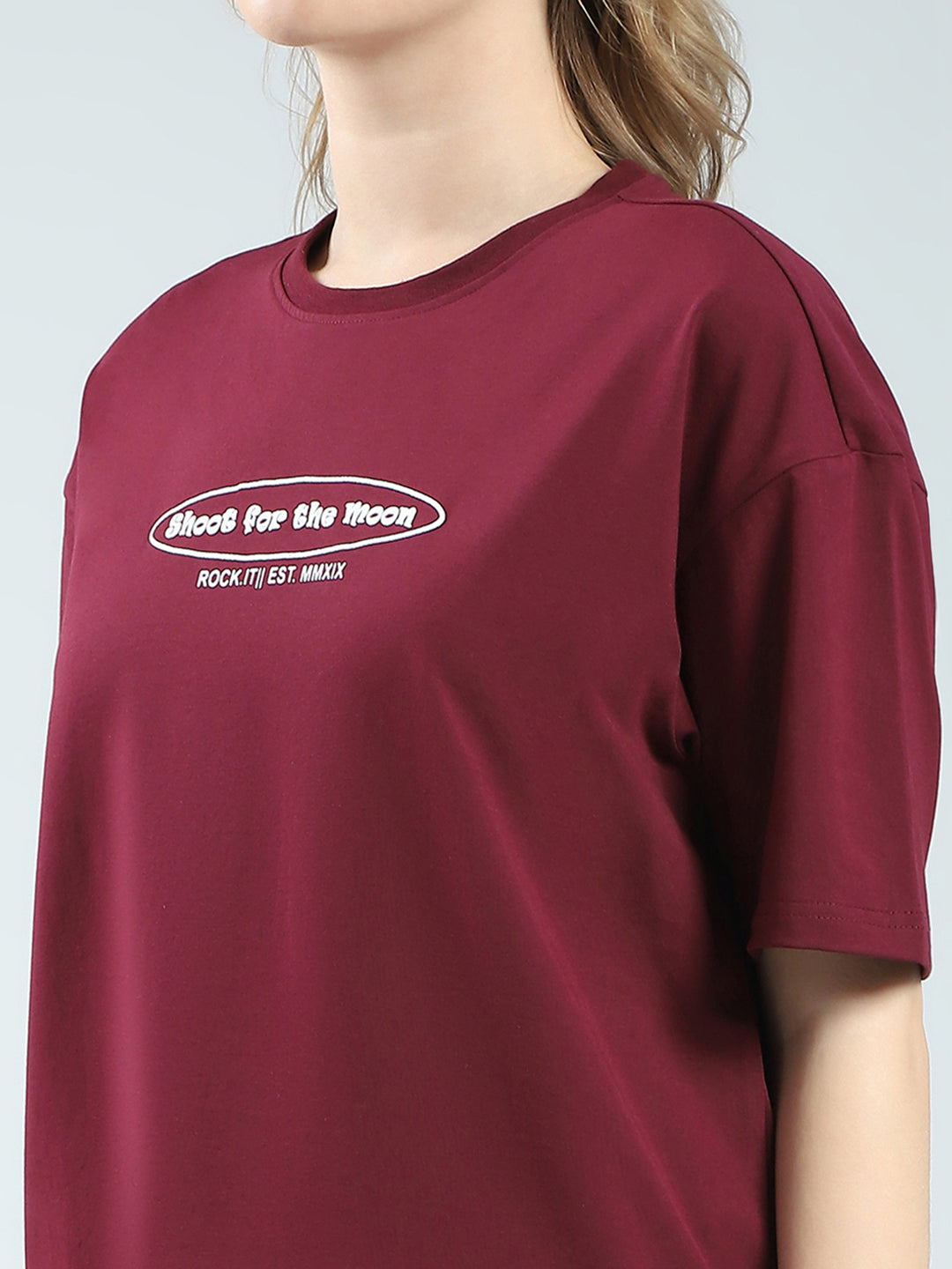 Rock.it Women Maroon Printed Round Neck Half Sleeve Top