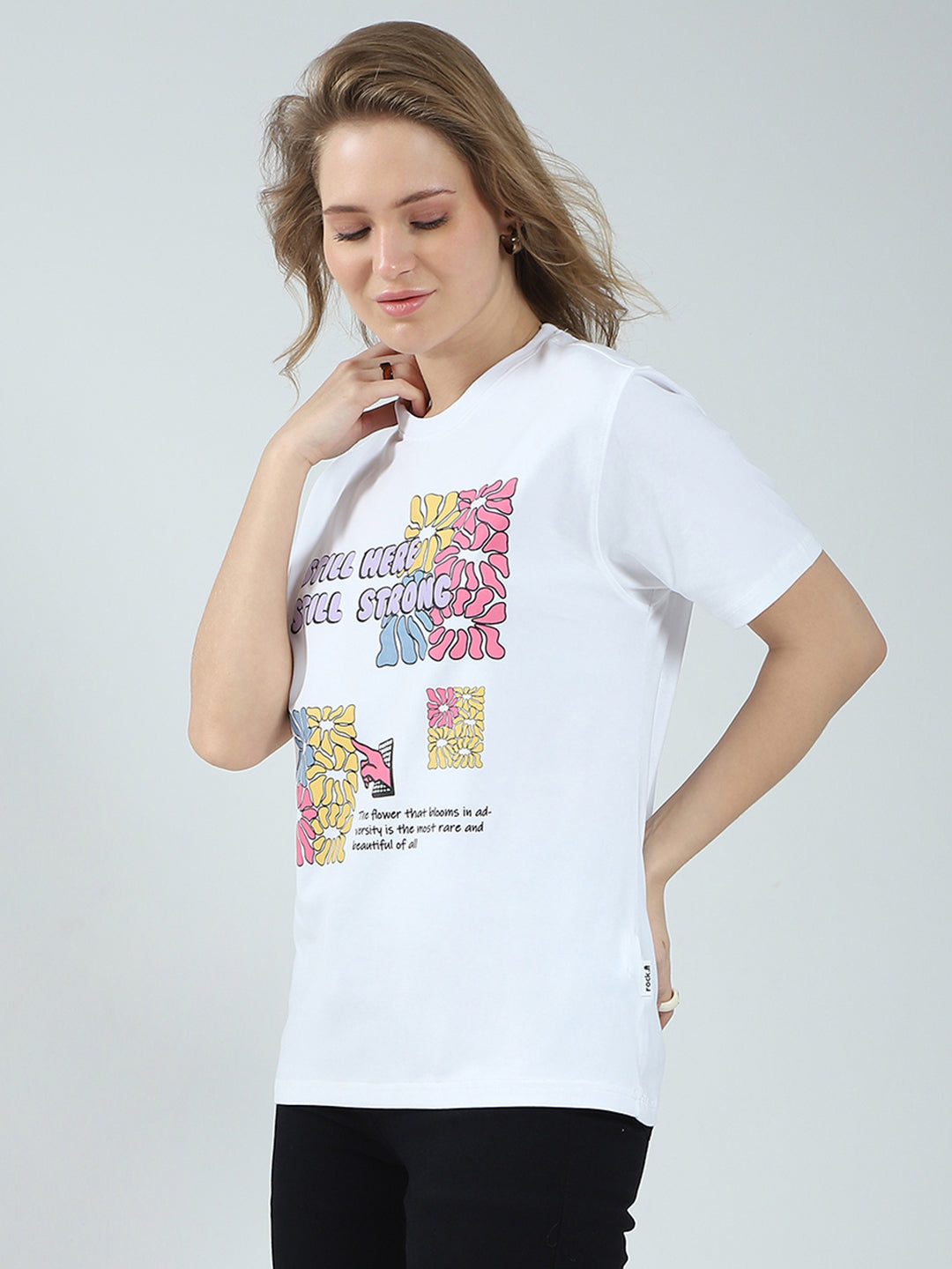 Rock.it Women White Printed Round Neck Half Sleeve Top