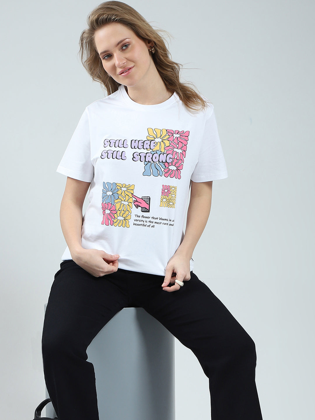 Rock.it Women White Printed Round Neck Half Sleeve Top