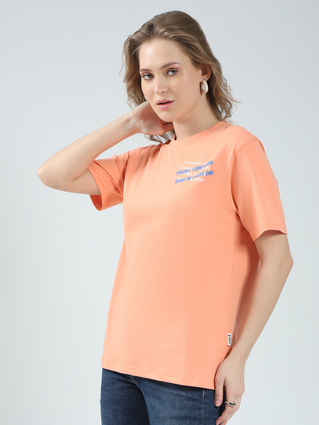Rock.it Women Orange Printed Round Neck Half Sleeve Top